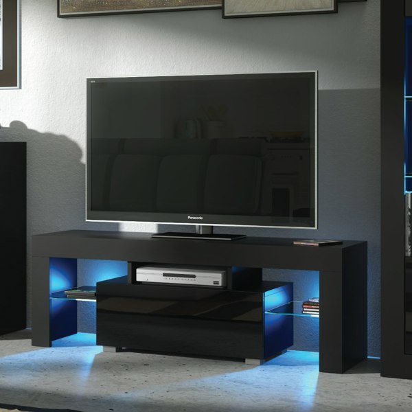 Mex Furniture 130cm TV Unit Cabinet Stand with Black High Gloss Doors and Free LED Lights