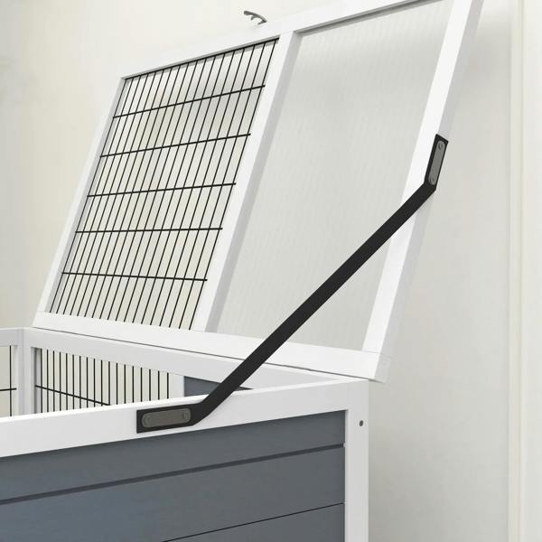 Openable roof hinge and black support bar on grey double-decker cage top