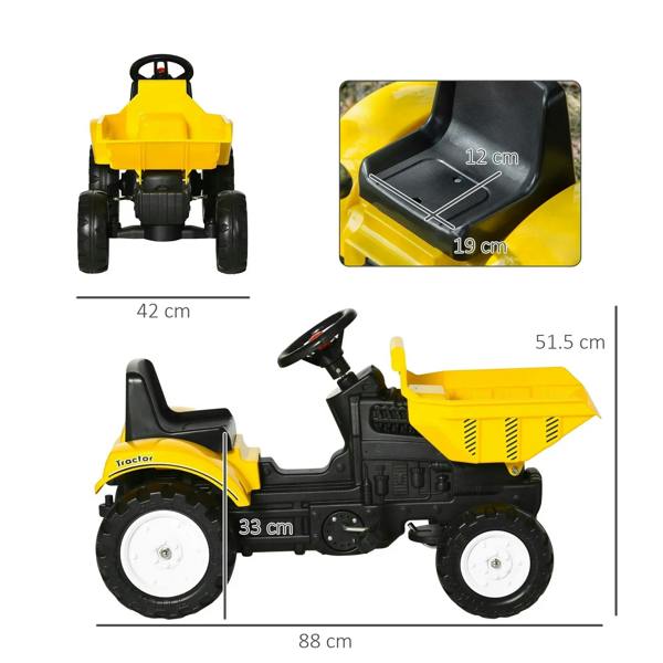 Kids yellow ride-on tractor go-kart, front bucket and seat shown with size details