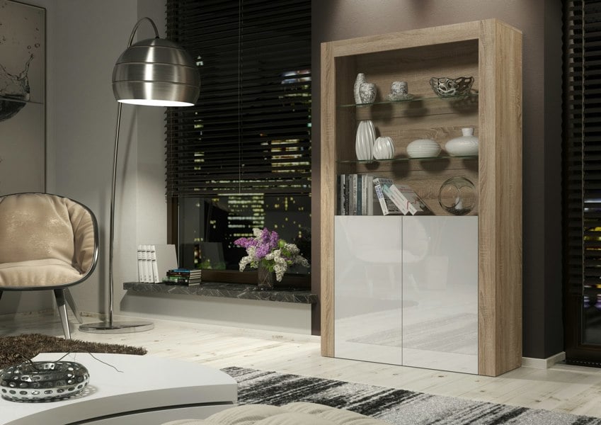 Mex Furniture Tall Display Cabinet 170cm Oak Matt Body and White Gloss Doors – Modern Open Shelving Unit