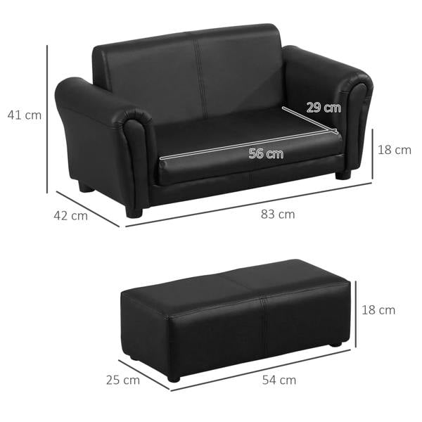 Black kids sofa bed and matching ottoman, front and top size view