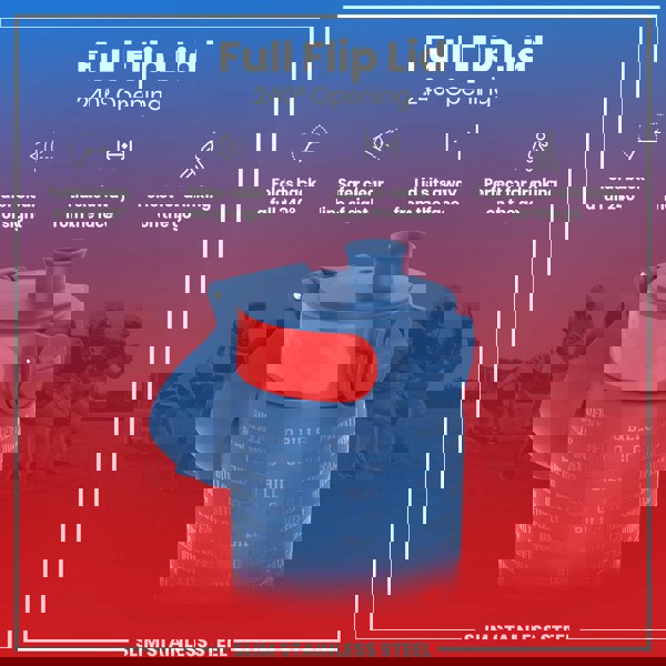 A blue, slim stainless steel water bottle with a red accent and "Go Bills" text, features a full flip lid opening 240 degrees, allowing for easy, hands-free drinking on the go. The lid folds back safely away from the face, providing a clear line of sight.