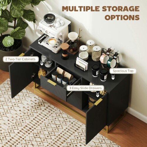 Wyld Haus Varase Black Sideboard 3 Drawers 2 Doors Gold Accents