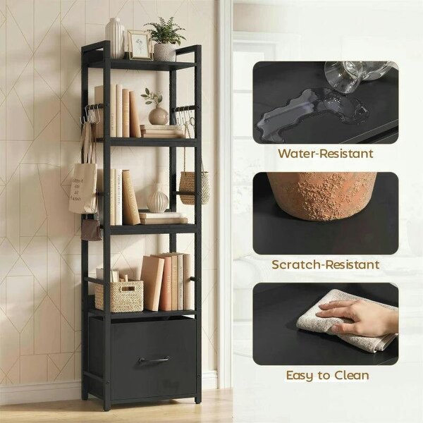 4-Tier Bookshelf, Narrow Bookcase with Drawer, 8 Hooks, Metal Frame, Black