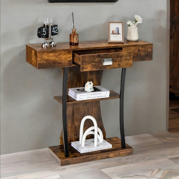 Rafaelo Mobilia Industrial T Shaped Narrow Console Table With Drawer