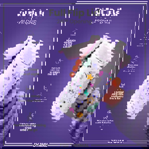 A unicorn-patterned water bottle with a full flip lid is held by a child against a purple background. The lid folds back 240°. Text on the image reads: "Full Flip Lid 240° Opening," "Folds back a full 240°," "Safer clear line of sight," "Lid sits away from the face," "Perfect for drinking on the go," and "POD THERMAL".