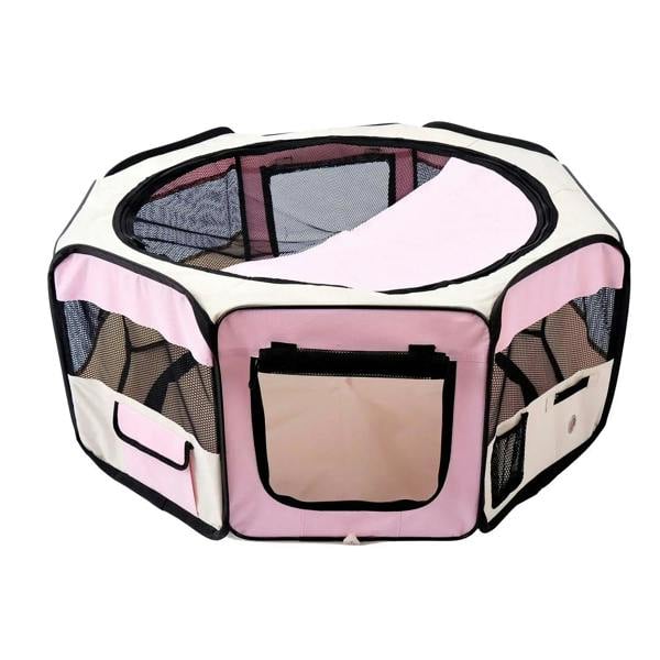 Pink pet playpen with mesh sides, zippered front door, and open round top frame