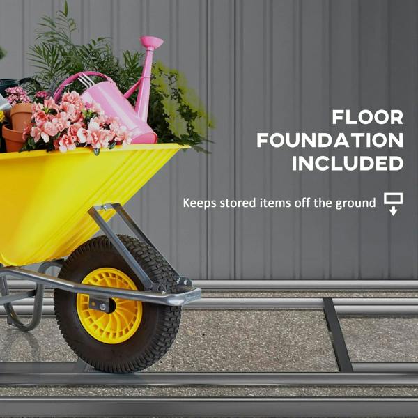 White metal shed with included foundation base for off-ground storage