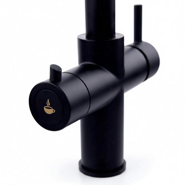 close up of a modern round neck matt black pull out boiling water tap on a white background