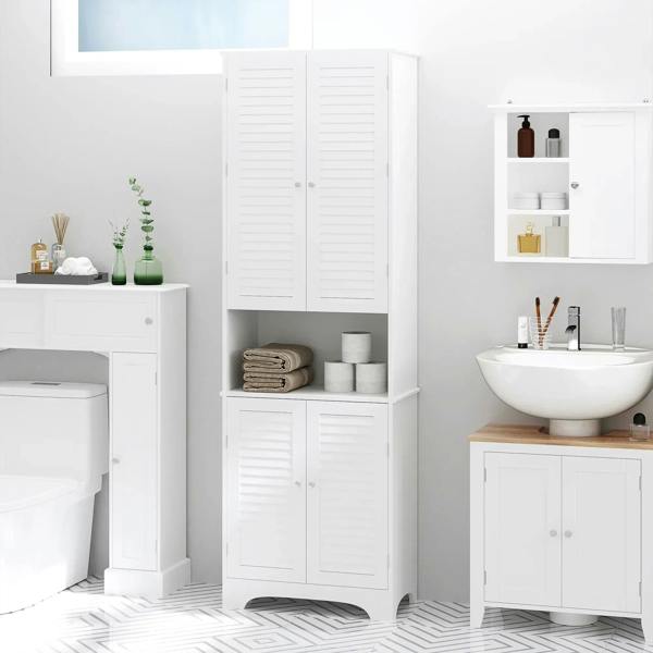 White freestanding tall bathroom cabinet with shutter doors and three-level shelving