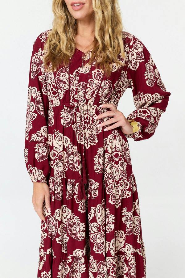 Red | Floral Long Sleeve Relaxed Midi Dress