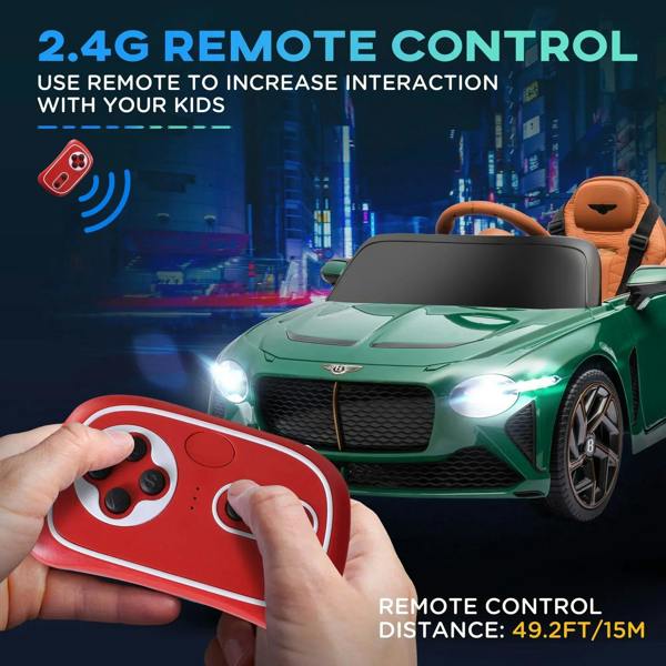 Red remote control in hand beside green kids electric car