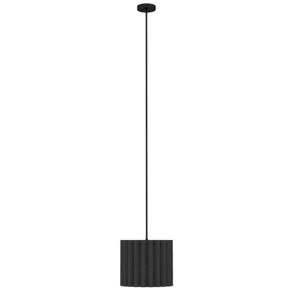 Black linen pendant light with vertical ribbed shade and ceiling canopy.