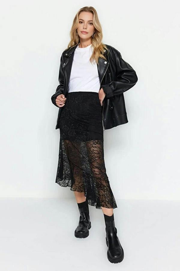 WOVCOR Asymmetrical Midi Lined Lace Knit Skirt
