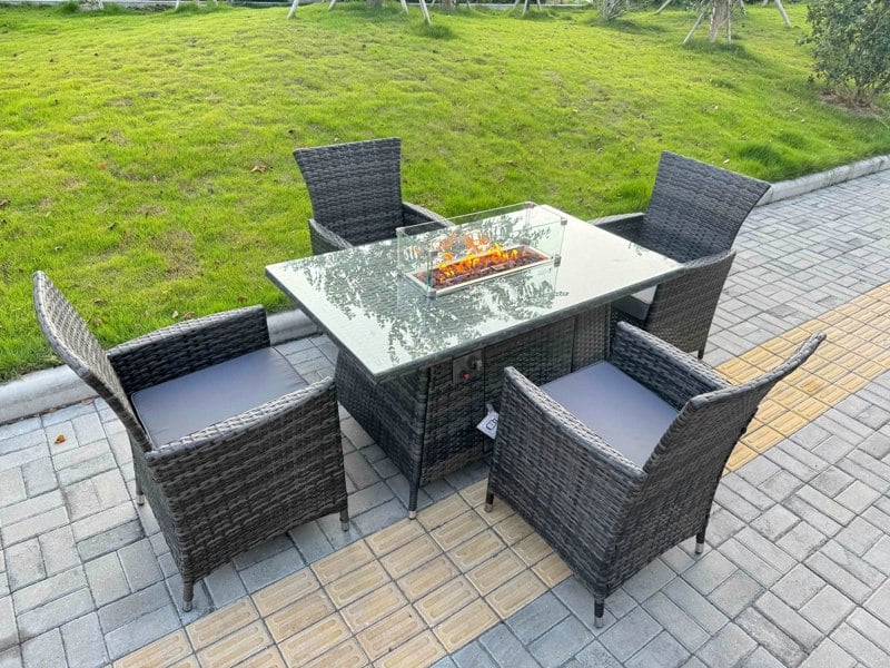 Fimous Rattan Garden Furniture Dining Set 4-seater Patio Rectangular Gas Fire Pit Table Chairs Outdoor Dark Grey Mixed