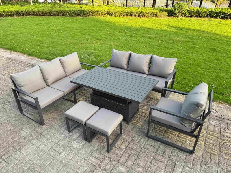 Fimous Aluminium Garden Furniture Sets,9 Seater Outdoor Sofa Dining Set with Adjustable Rising Lifting Dining Table 2 Small Footstools Dark Grey
