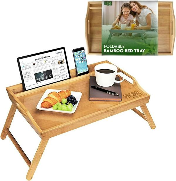Fusion Food Care Bed Tray Table with Folding Legs – Organic Bamboo & MD Built-in Side Handles Lap Tray for Eating, Reading & Working