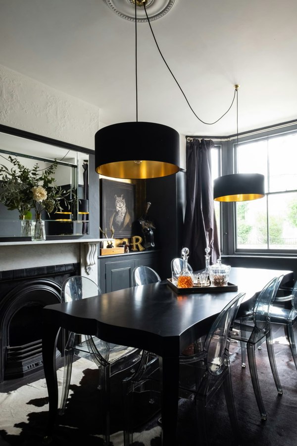 Our Black and Gold Lampshades look resplendent in the gothic glam home of Rachel Edmonds