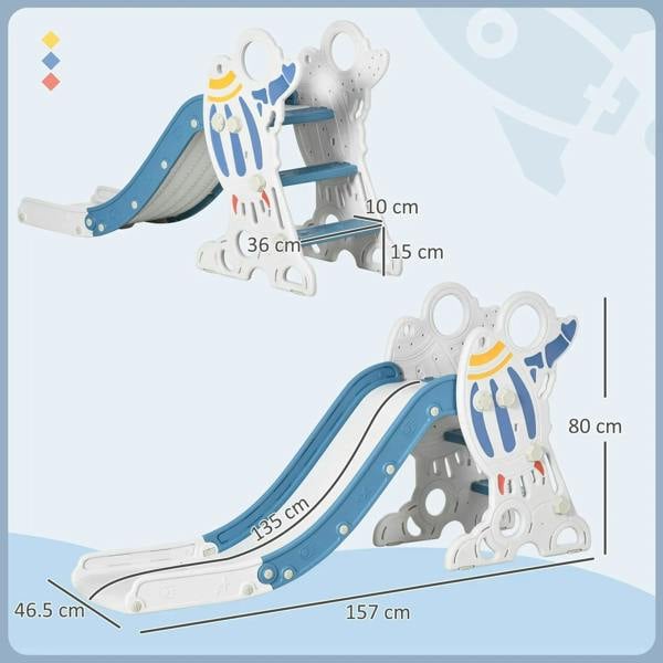 Kids slide dimension diagram showing blue ramp and white rocket structure