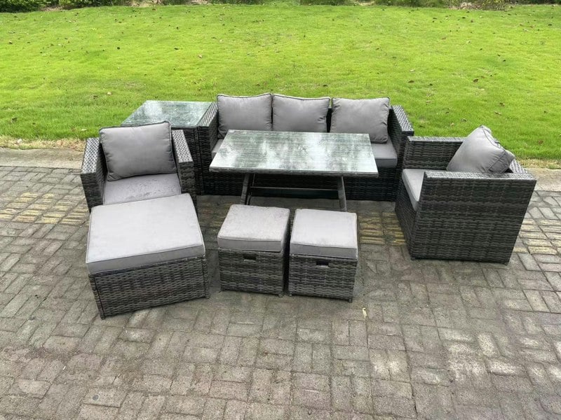 Fimous Rattan Outdoor Furniture Sofa Garden Dining Set with Dining Table 2 Armchairs Side Table 3 Stools 8 Seater Dark Grey Mixed