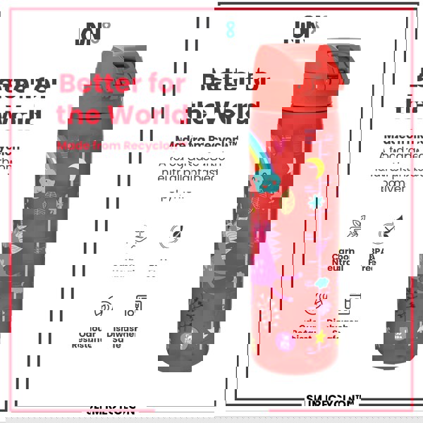 ION8 Leak Proof Slim Water Bottle, Recyclon, Red Unicorns, 500ml (18oz)