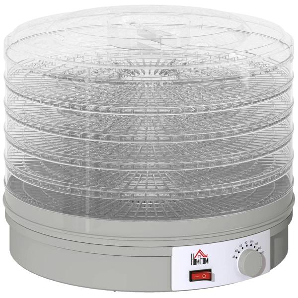 Grey 5-tier food dehydrator with stacked round mesh trays and temperature control knob
