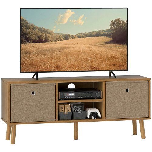 Wyld Haus Linore 110cm Wooden Brown TV Storage Cabinet With Fabric Fold Down Drawers For Screens Up To 50 Inches