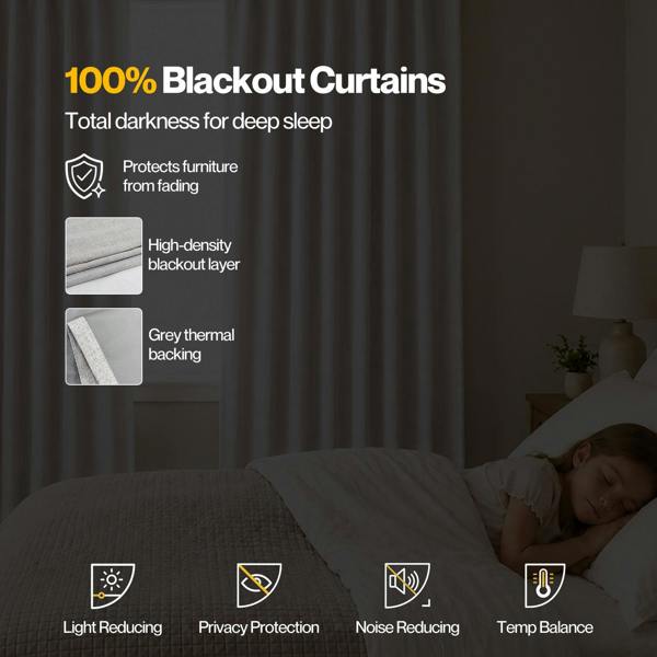 Marlow 100% Blackout Curtains Thermal Linen Look Ready Made 52x84 in Light Grey