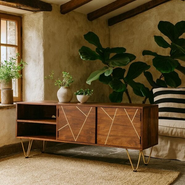 Wyld Haus Bandung Dark Mango Wood and Gold TV Media Unit 2 Shelves 2 Doors