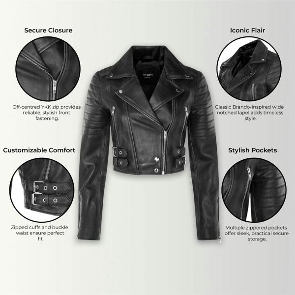 Infinity Leather Womens Cropped Brando Leather Biker Jacket-Damascus