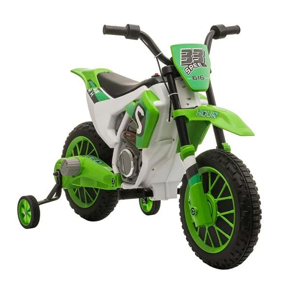 Green and white kids electric ride-on motorcycle with training wheels, front 3/4 view