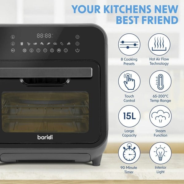Worktop Steam Air Fryer Oven - 1635W 15L - Black Easy Clean - Dehydrate & Bake - LoopsDirect