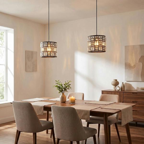 Modern Circular Drum Matte Black Pendant Shade with Clear Acrylic Rods Image 6