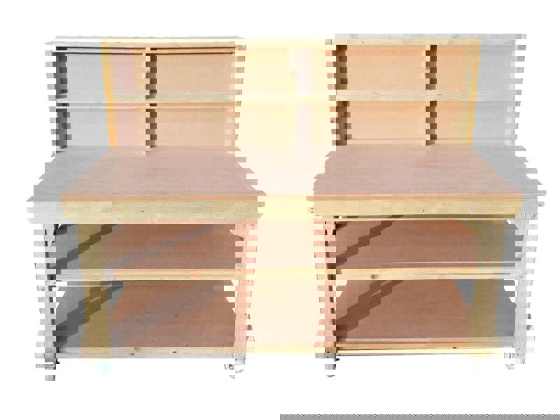 Wooden MDF Top Workbench – Sturdy Mobile Workstation with Back Panel, Double Shelf, and Wheels, Ideal for Dry Indoor Spaces Such as Garages, Workshops, and Studios