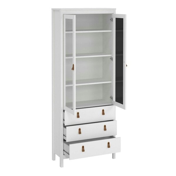 Wyld Haus Wildberry Matt White Wooden China Cabinet 2 Glass Doors 3 Drawers Leather Handles