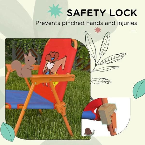 Kids cowboy folding chair with safety lock mechanism and wooden arms