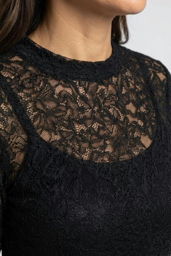 Izabel London Lace Trim Semi Sheer Long Sleeve Top