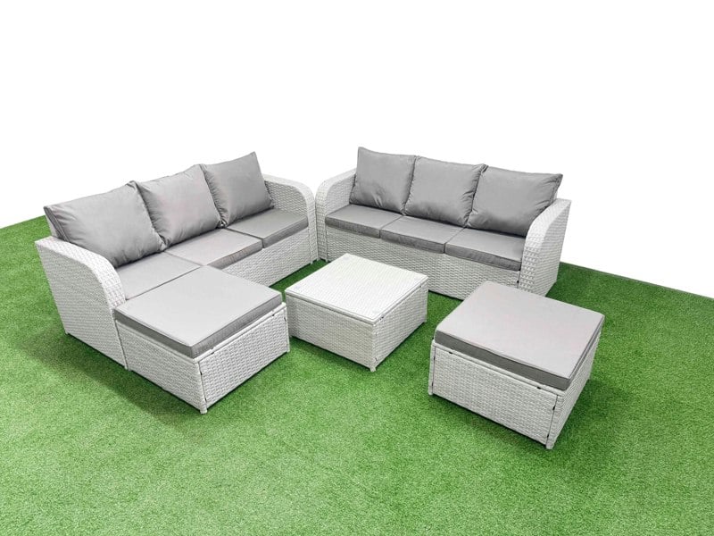 Fimous Outdoor Garden Furniture Sets 8 Seater Rattan Furniture Sofa Sets with Square Coffee Table high Back Lounge Sofa 2 Big Footstool Light Grey