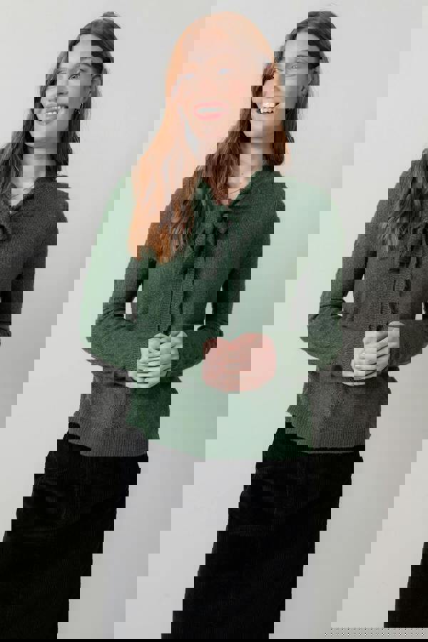 Lily & Me Elise Tie Neck Pointelle Jumper Pine Green