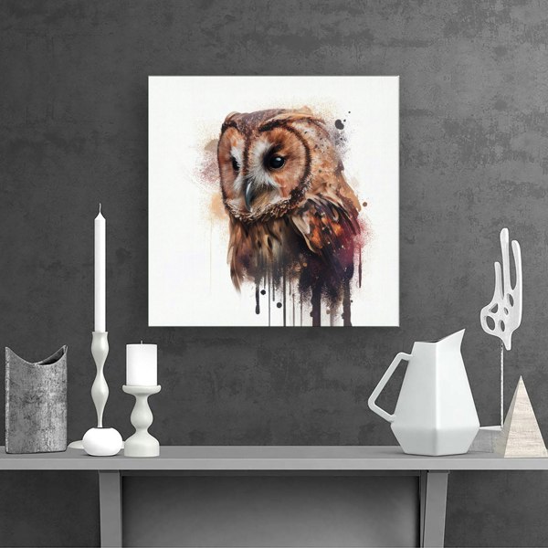 Warren Reed Tawny Owl Face Splash Art Light Background Canvas