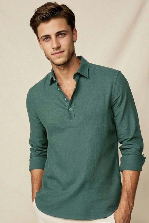 WOVCOR Regular Half Placket 100% Cotton Flamed Linen Look Men’s Shirt