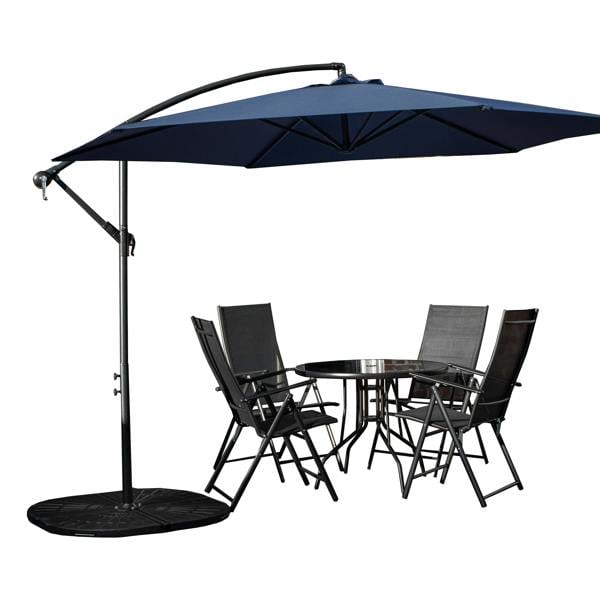 Samuel Alexander Outdoor 4 Person Round Glass Top Garden Dining Table Chairs With Blue Banana Parasol and Base Set
