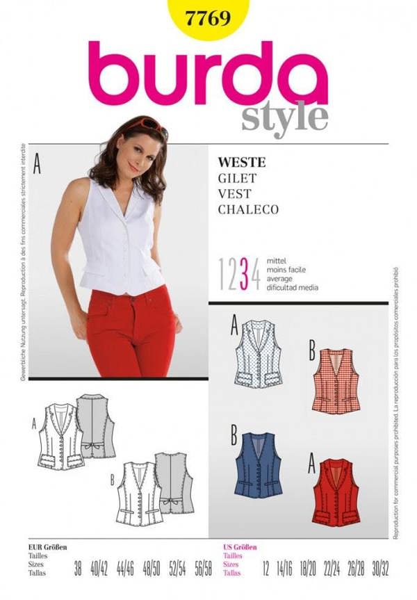 Burda Sewing Pattern 7769 Waistcoats For Women, Sizes: 12-32 - Intermediate
