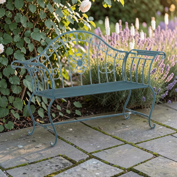 AcaciaHome Metal Vintage Wrought Iron Garden Bench - Blue / Gold - 144cm