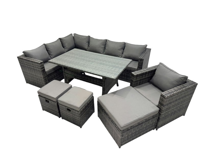 Fimous Outdoor PE Rattan Sofa Set with Dining Table Patio Garden Furniture Sets with Chair 3 Stool Dark Grey Mixed