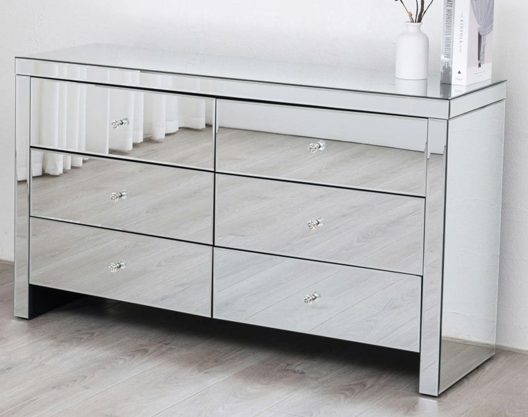 Comfy Living Mirrored 6 Drawer Chest Crystal Handles Bedroom Furniture