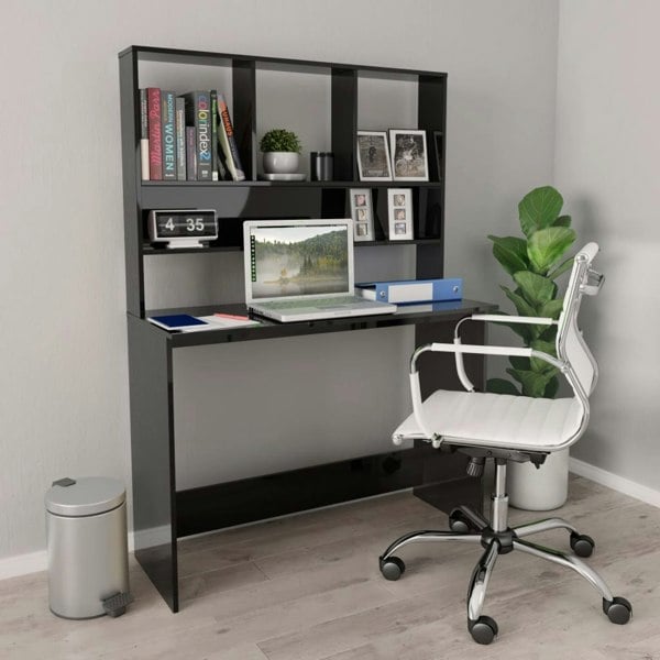 Berkfield Desk with Shelf High Gloss Black 110x45x157 cm Engineered Wood