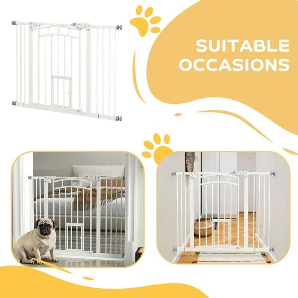 White pressure-fit dog gate with small cat door for safe pet use near stairs or hallways