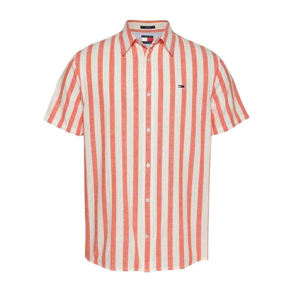 Tommy Jeans Mens Striped Linen Short-Sleeved Shirt - Ecru/Vermillion - 