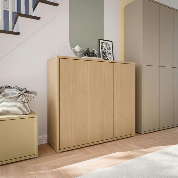 Furniture To Go Alice Springs Shoe Cabinet with 3 Doors Push-to-Open in Elegancia Oak